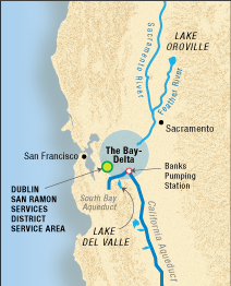 Map of California showing major rivers and aqueducts that bring water from Lake Oroville to the San Francisco Bay Area and southern California