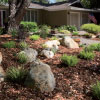 water-efficient plants, rocks and mulch in front of a brown house