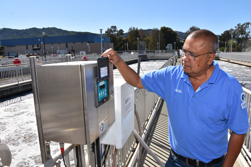 Process Lead Wastewater Treatment Plant Operator V Virgil Sevilla checks the aeration basins at the wastewater treatment plant.