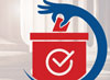 Graphic of blue hand putting a vote in a red ballot box