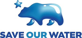 "Save Our Water" with heart logo and river through heart