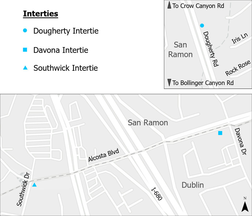 Map showing locations of three Emergency Intertie Locations